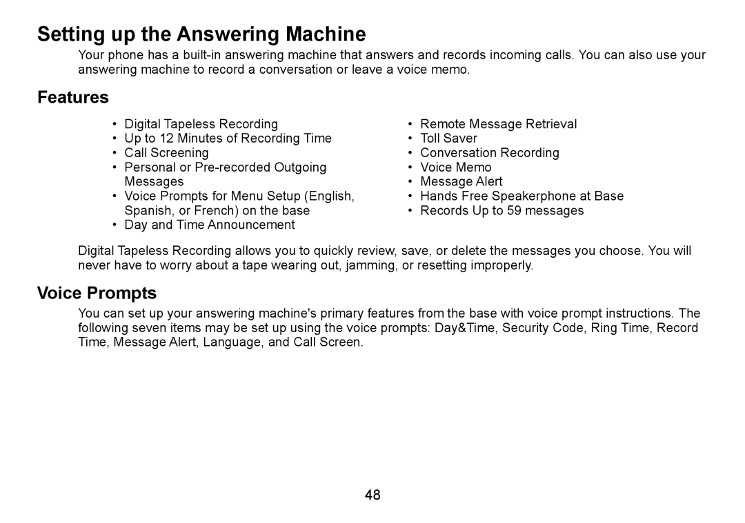 Uniden TRU9480 owner manual Setting up the Answering Machine, Features, Voice Prompts 