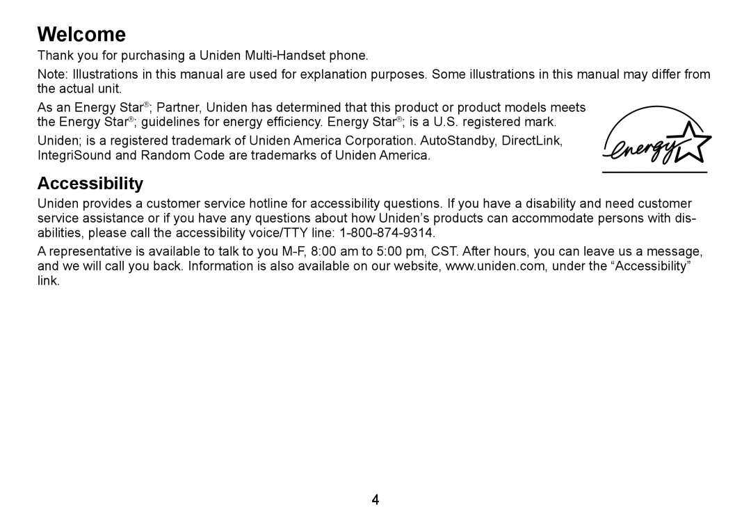 Uniden TRU9480 owner manual Welcome, Accessibility 