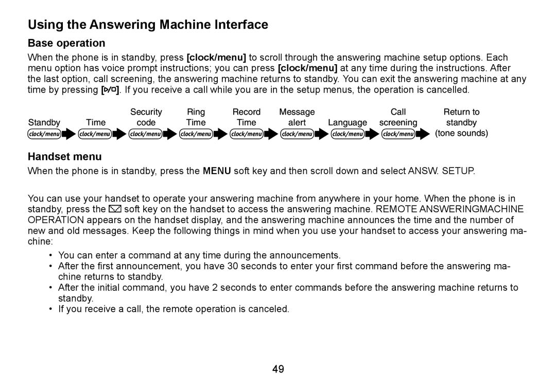 Uniden TRU9480 owner manual Using the Answering Machine Interface, Base operation, Handset menu 