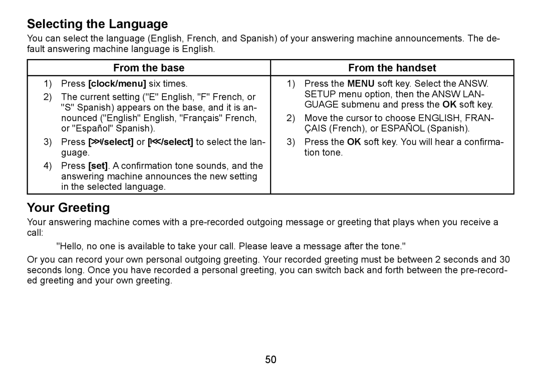 Uniden TRU9480 owner manual Selecting the Language, Your Greeting, From the base From the handset 