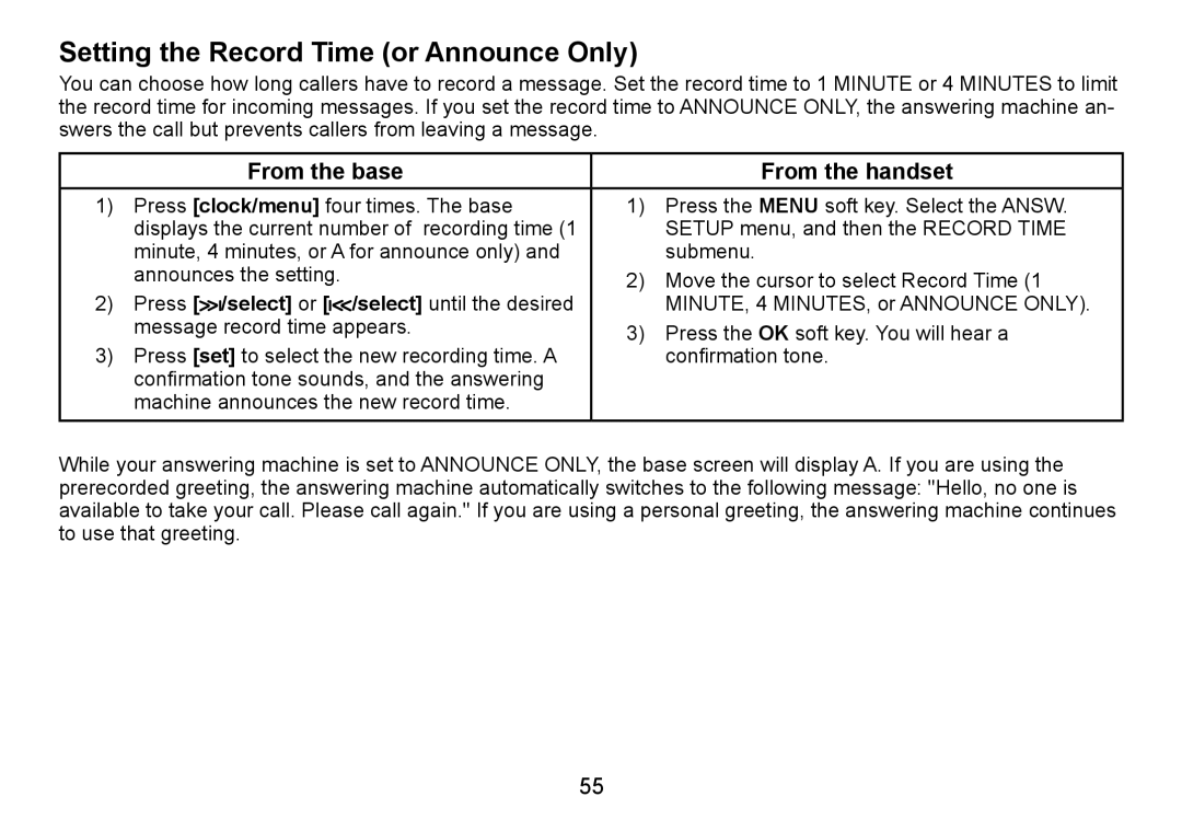 Uniden TRU9480 owner manual Setting the Record Time or Announce Only 