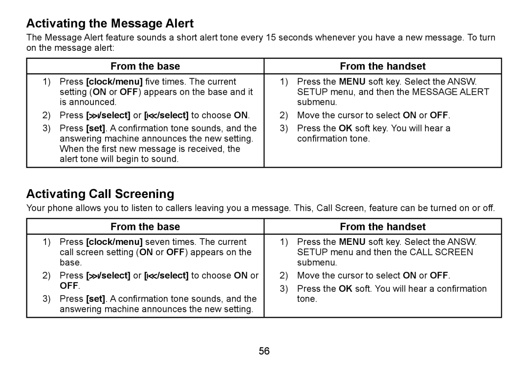 Uniden TRU9480 owner manual Activating the Message Alert, Activating Call Screening, Press /select or /select to choose on 