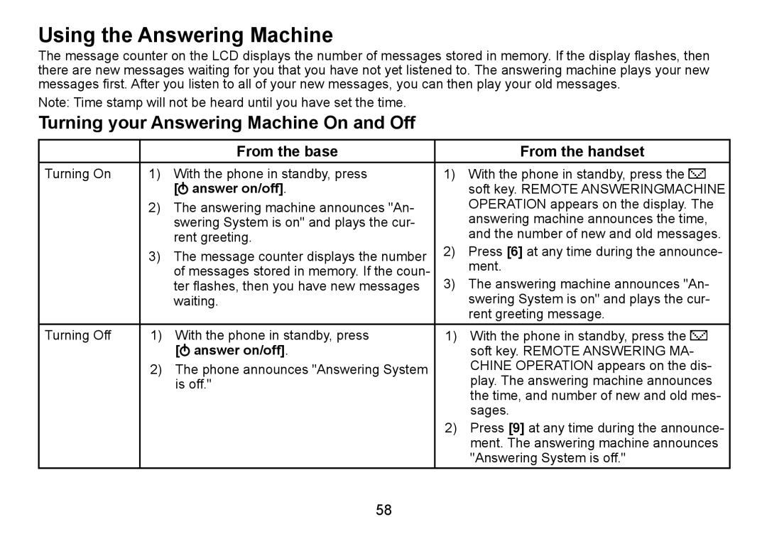 Uniden TRU9480 owner manual Using the Answering Machine, Turning your Answering Machine On and Off, Answer on/off 