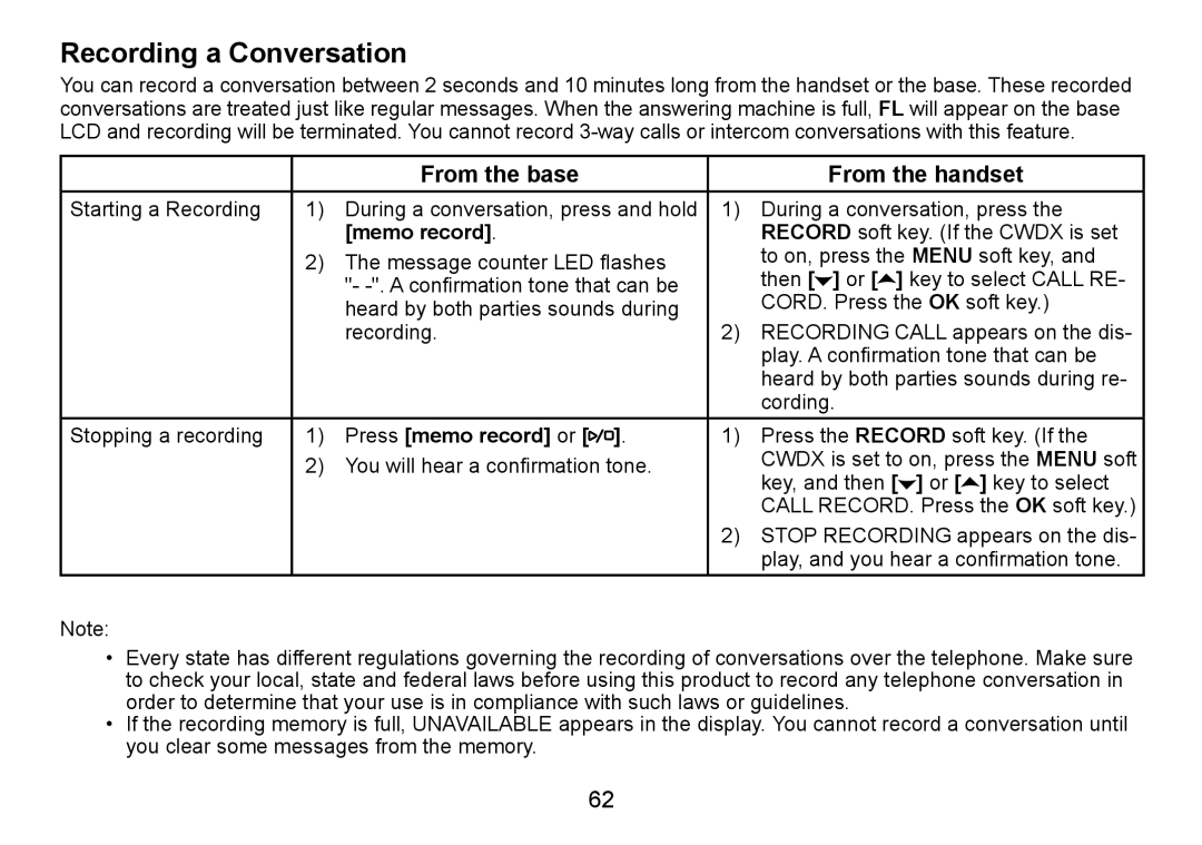 Uniden TRU9480 owner manual Recording a Conversation, Memo record, Press memo record or 