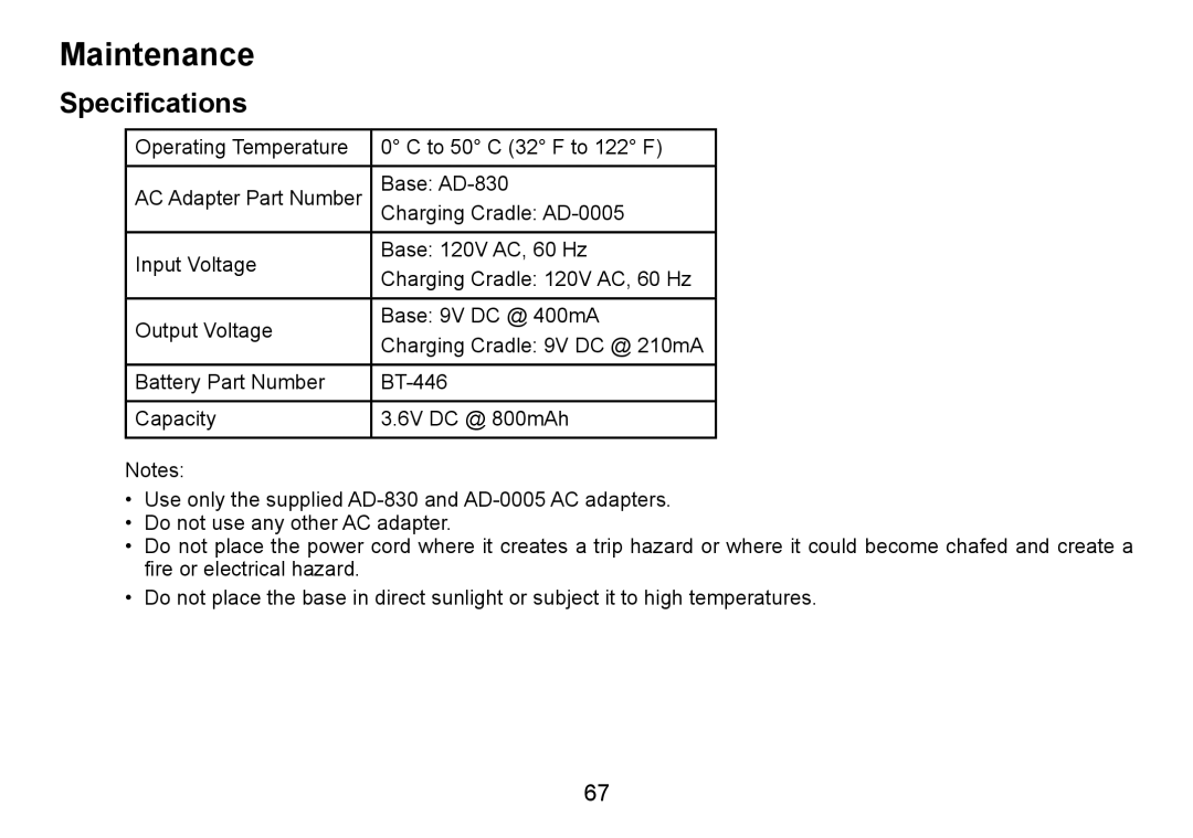 Uniden TRU9480 owner manual Maintenance, Specifications 