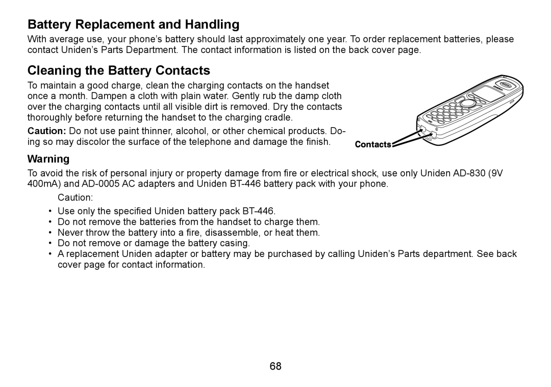 Uniden TRU9480 owner manual Battery Replacement and Handling, Cleaning the Battery Contacts 