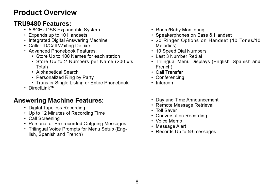 Uniden owner manual Product Overview, TRU9480 Features, Answering Machine Features 