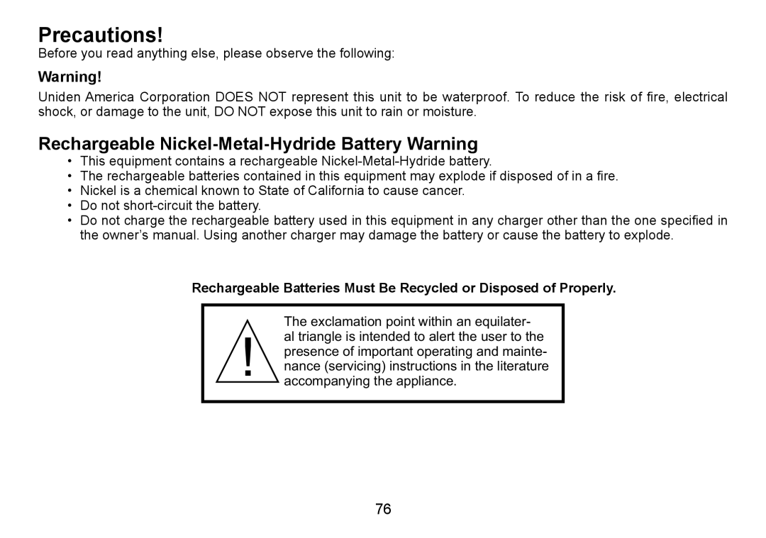 Uniden TRU9480 owner manual Precautions, Rechargeable Nickel-Metal-Hydride Battery Warning 