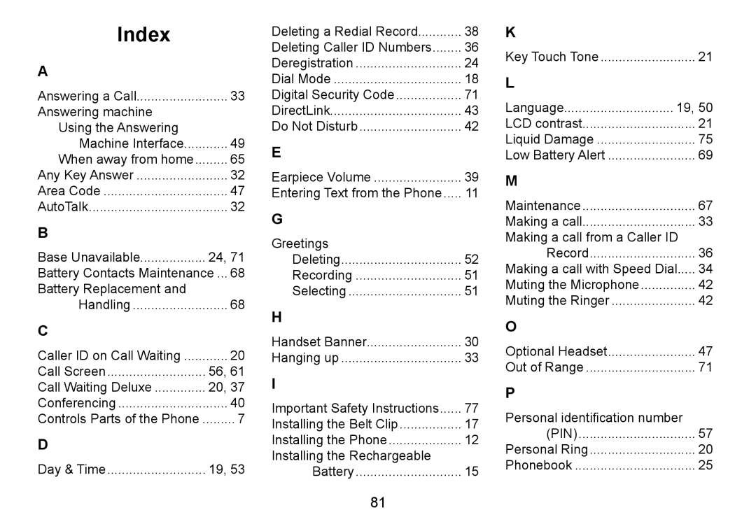 Uniden TRU9480 owner manual Index, Pin 