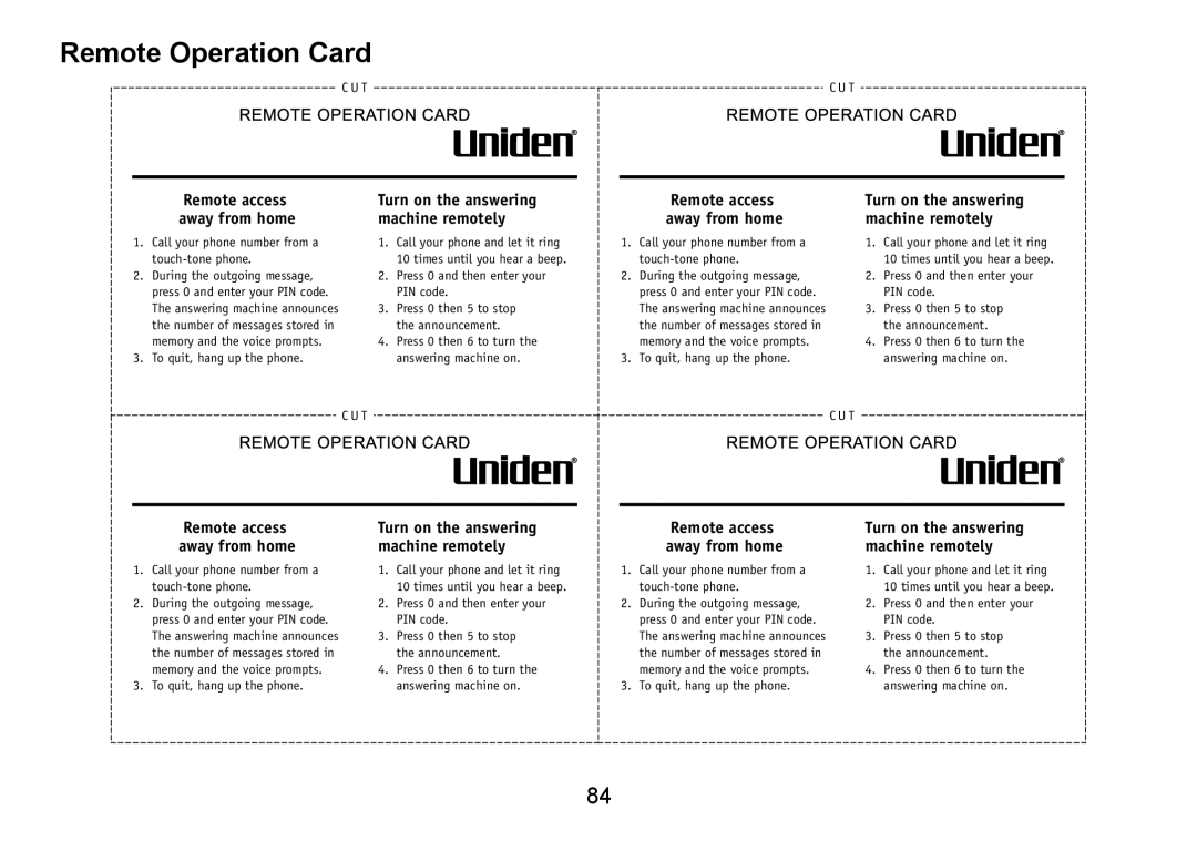 Uniden TRU9480 owner manual Remote Operation Card, Remote access away from home 