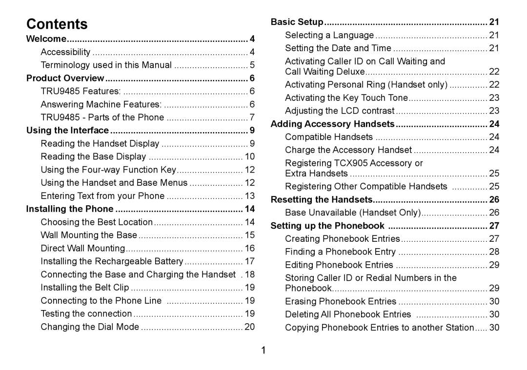 Uniden TRU9485 manual Contents 