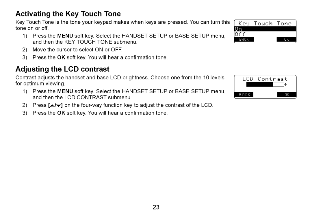 Uniden TRU9485 manual Activating the Key Touch Tone, Adjusting the LCD contrast 