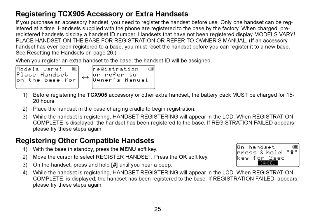 Uniden TRU9485 manual Registering TCX905 Accessory or Extra Handsets, Registering Other Compatible Handsets 