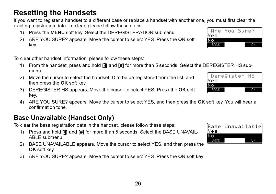 Uniden TRU9485 manual Resetting the Handsets, Base Unavailable Handset Only 