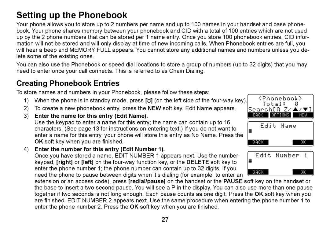 Uniden TRU9485 manual Setting up the Phonebook, Creating Phonebook Entries, Enter the name for this entry Edit Name 