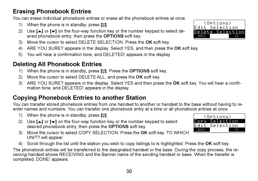 Uniden TRU9485 Erasing Phonebook Entries, Deleting All Phonebook Entries, Copying Phonebook Entries to another Station 