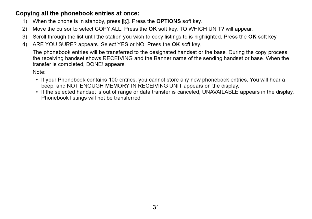 Uniden TRU9485 manual Copying all the phonebook entries at once 