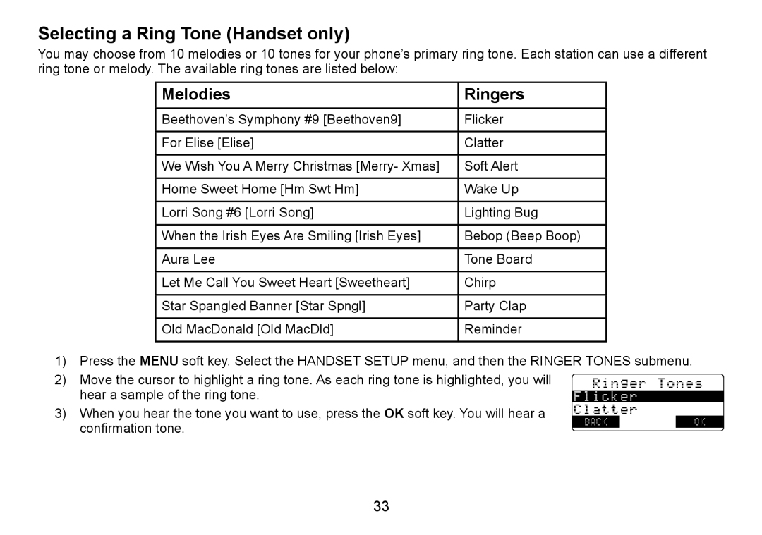 Uniden TRU9485 manual Selecting a Ring Tone Handset only, Melodies Ringers 