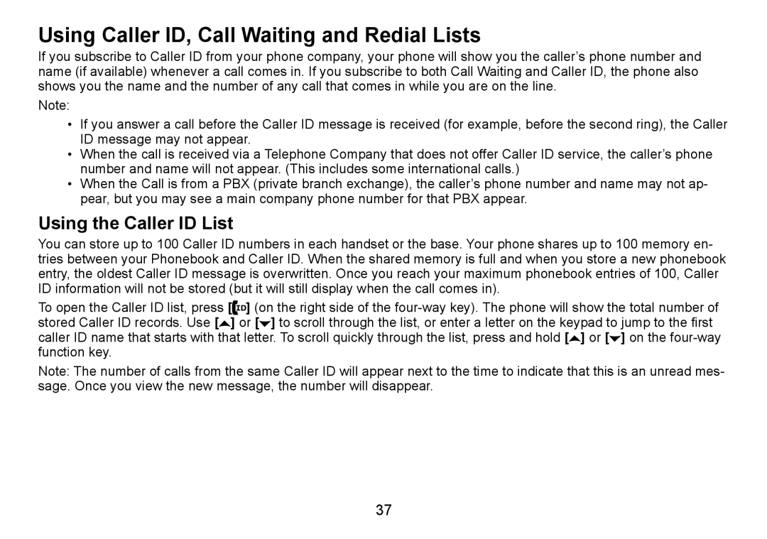 Uniden TRU9485 manual Using Caller ID, Call Waiting and Redial Lists, Using the Caller ID List 