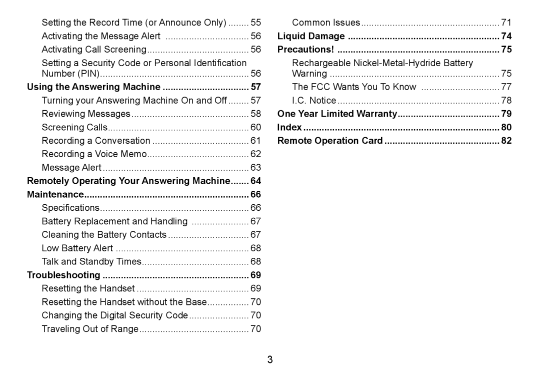 Uniden TRU9485 Liquid Damage, Precautions, Using the Answering Machine, One Year Limited Warranty, Index, Troubleshooting 