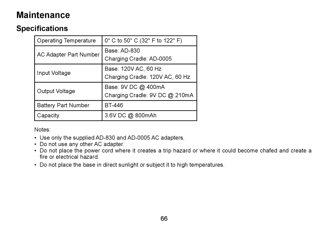 Uniden TRU9485 manual Maintenance, Specifications 