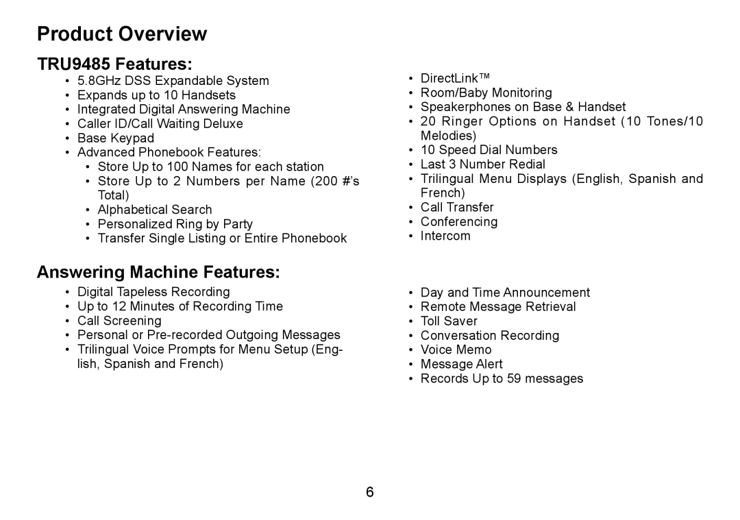 Uniden manual Product Overview, TRU9485 Features, Answering Machine Features 