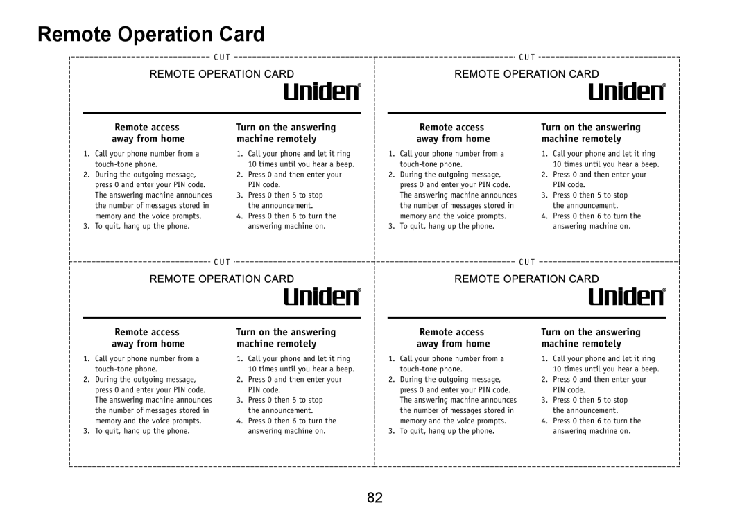 Uniden TRU9485 manual Remote Operation Card, Remote access away from home 