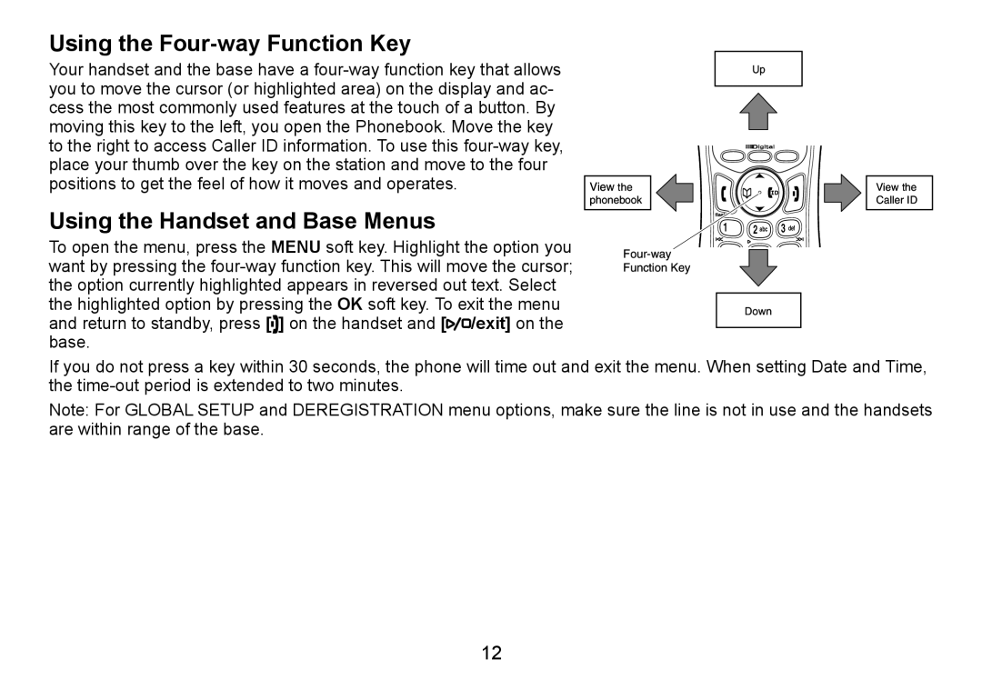 Uniden TRU9488 manual Using the Four-way Function Key, Using the Handset and Base Menus 