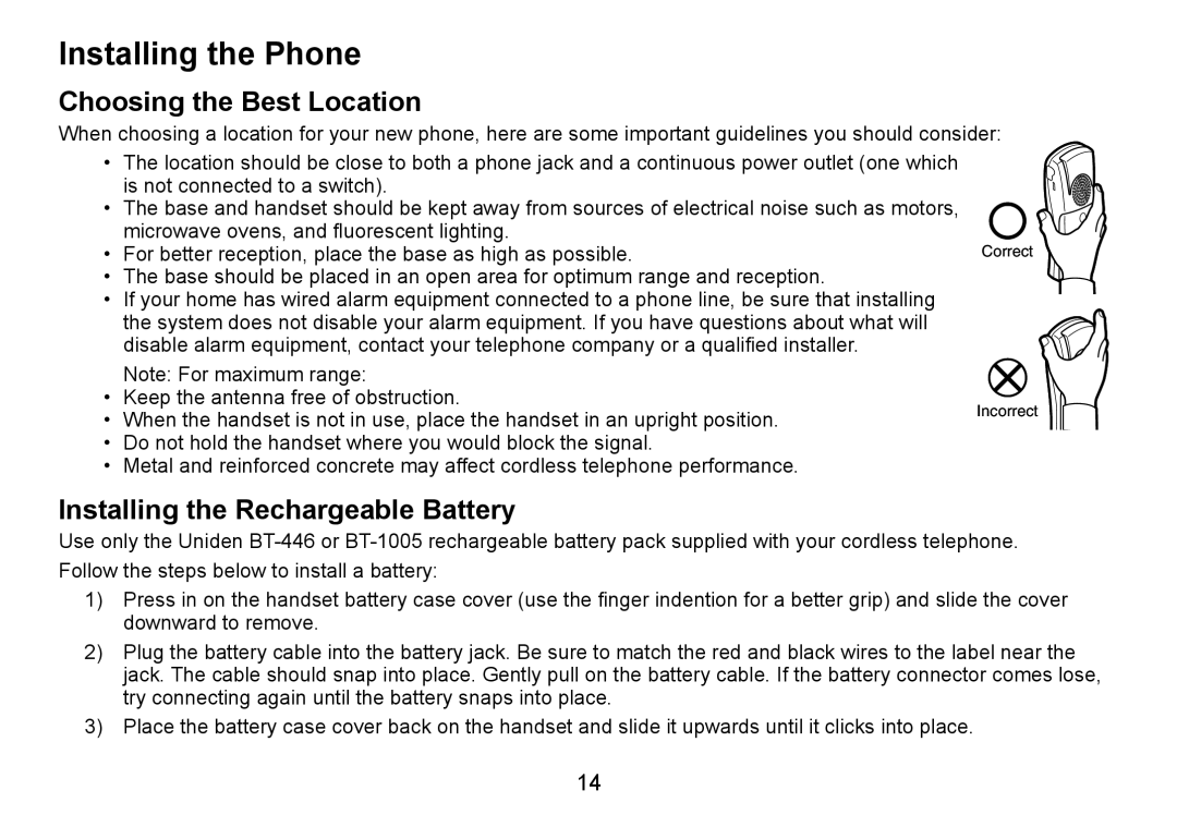 Uniden TRU9488 manual Installing the Phone, Choosing the Best Location, Installing the Rechargeable Battery 