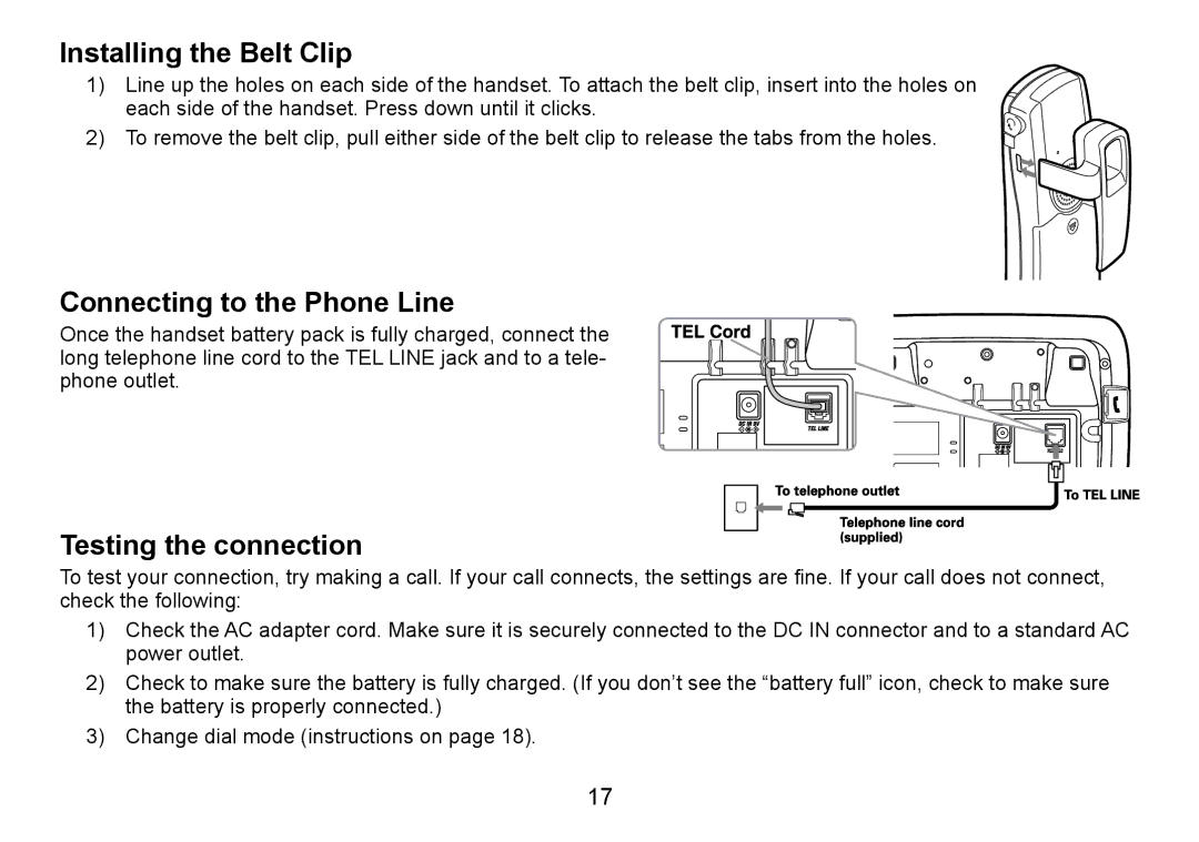 Uniden TRU9488 manual Installing the Belt Clip, Connecting to the Phone Line, Testing the connection 