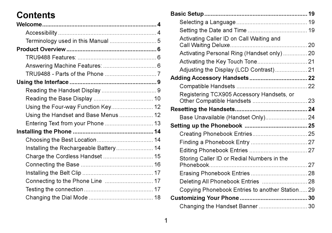 Uniden TRU9488 manual Contents 