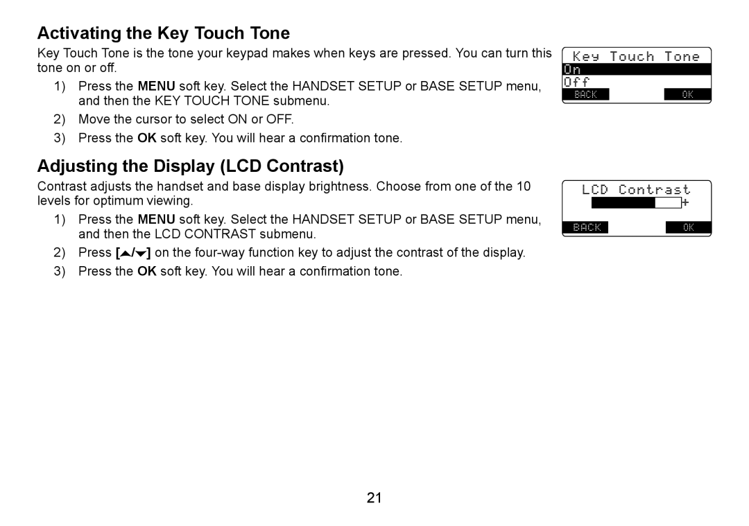 Uniden TRU9488 manual Activating the Key Touch Tone, Adjusting the Display LCD Contrast 