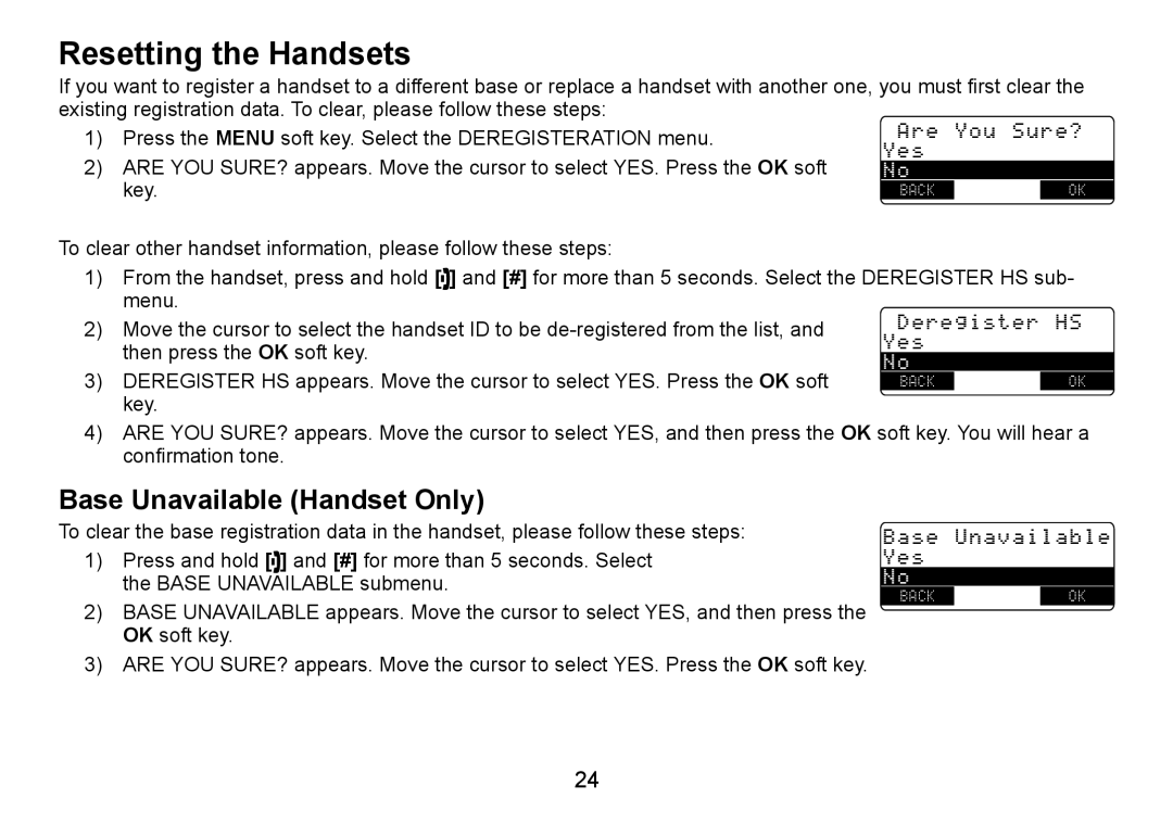 Uniden TRU9488 manual Resetting the Handsets, Base Unavailable Handset Only 