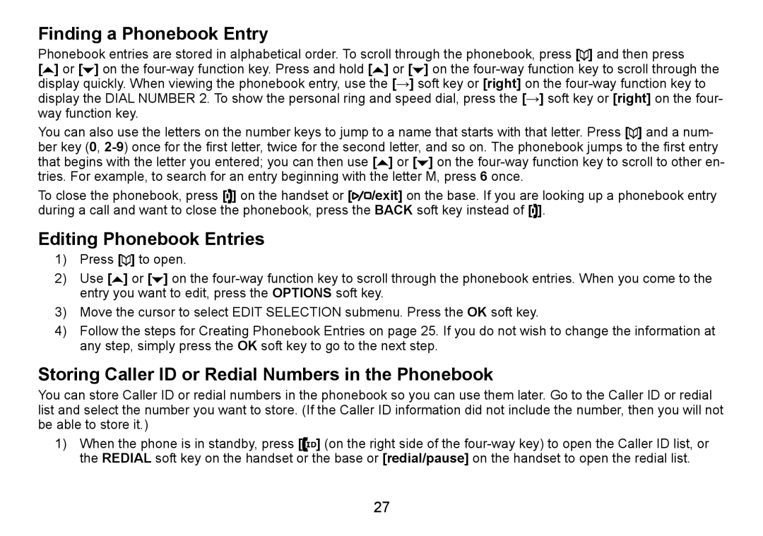 Uniden TRU9488 Finding a Phonebook Entry, Editing Phonebook Entries, Storing Caller ID or Redial Numbers in the Phonebook 