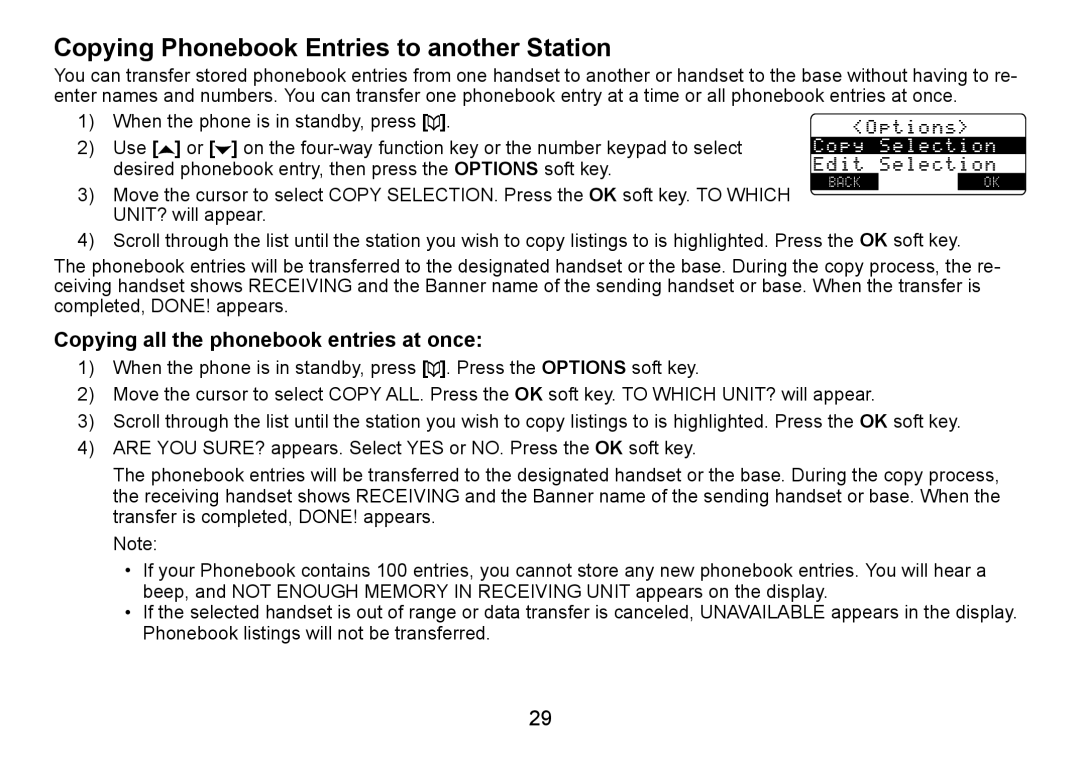 Uniden TRU9488 manual Copying Phonebook Entries to another Station, Copying all the phonebook entries at once 