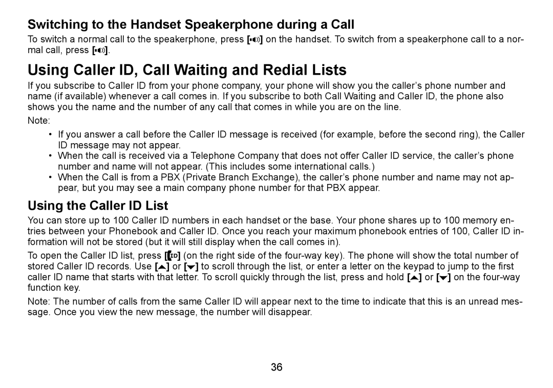 Uniden TRU9488 manual Using Caller ID, Call Waiting and Redial Lists, Switching to the Handset Speakerphone during a Call 