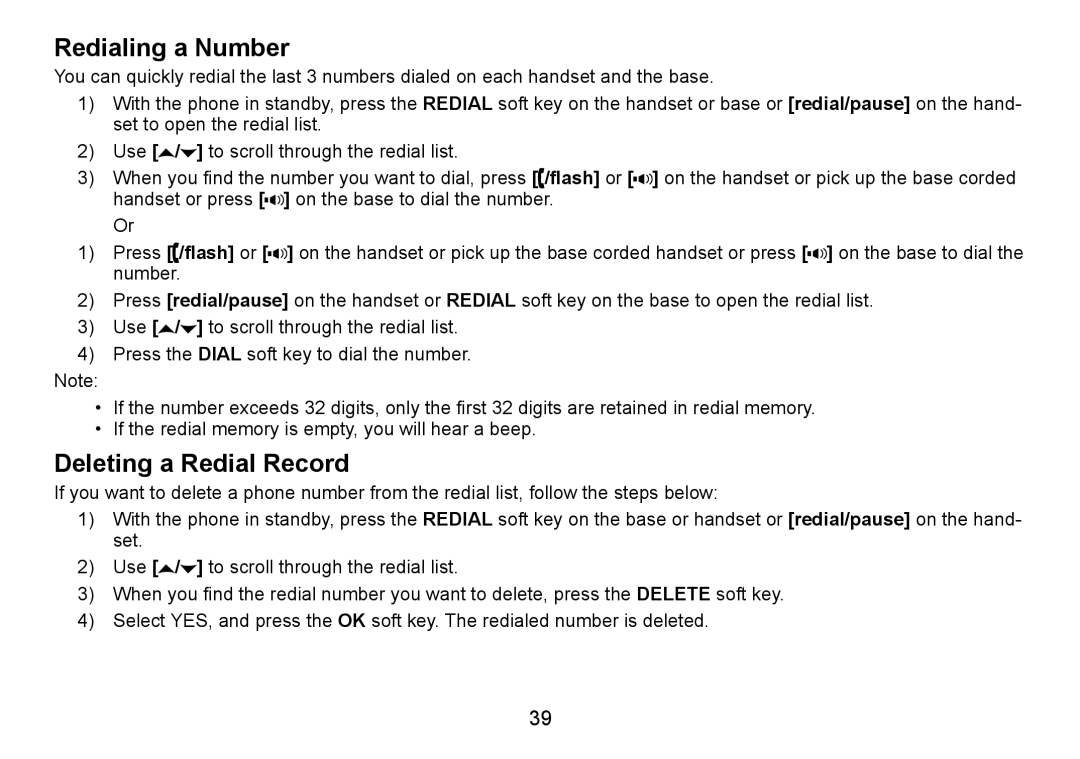 Uniden TRU9488 manual Redialing a Number, Deleting a Redial Record 