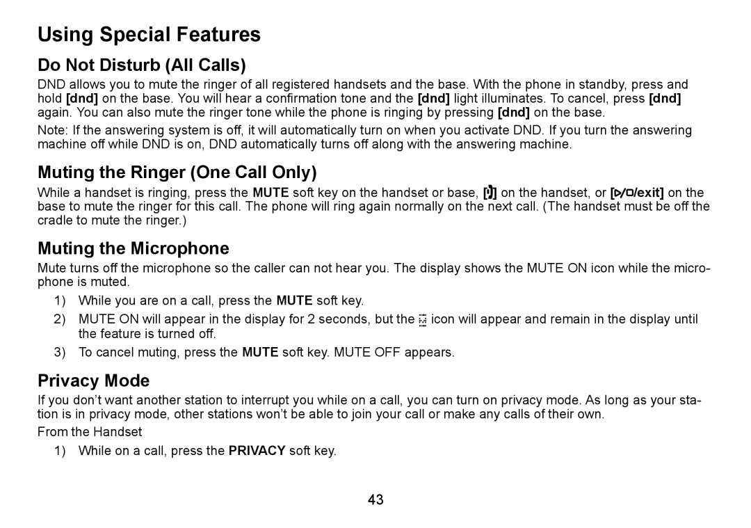 Uniden TRU9488 Using Special Features, Do Not Disturb All Calls, Muting the Ringer One Call Only, Muting the Microphone 