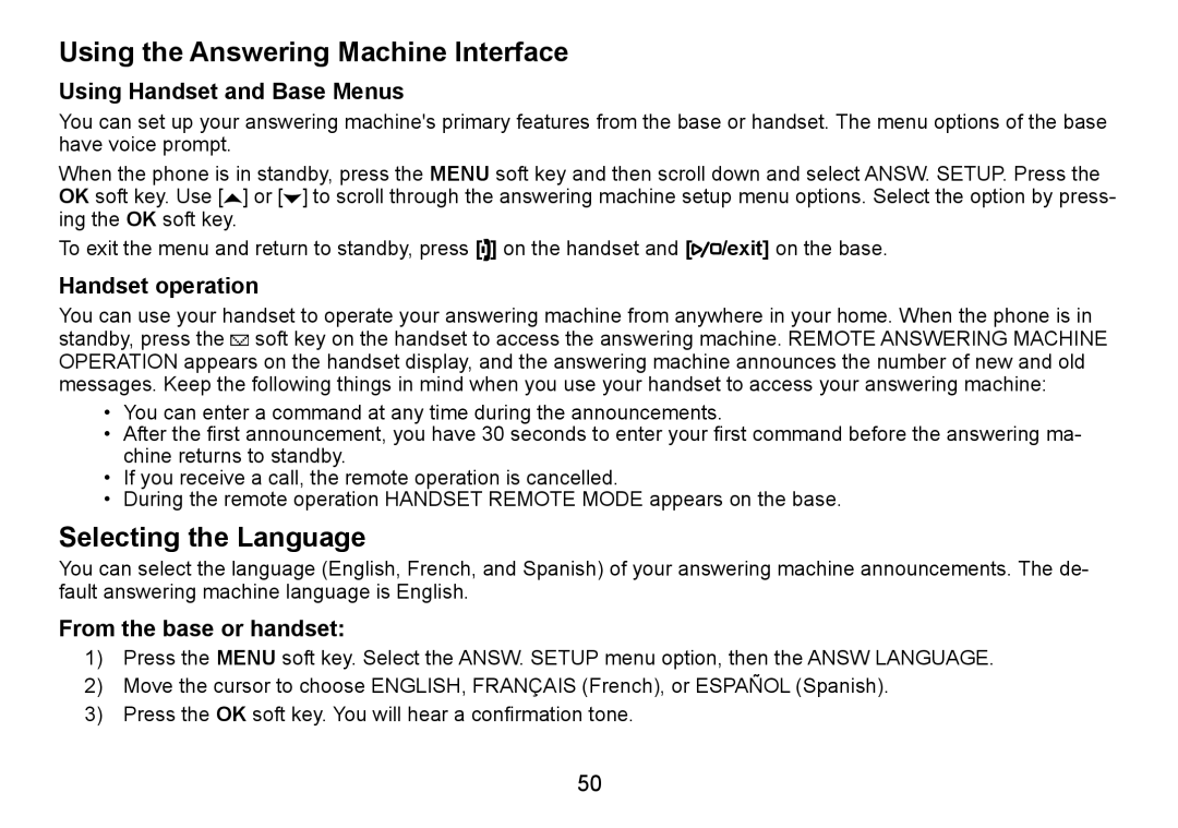 Uniden TRU9488 manual Using the Answering Machine Interface, Selecting the Language, Using Handset and Base Menus 