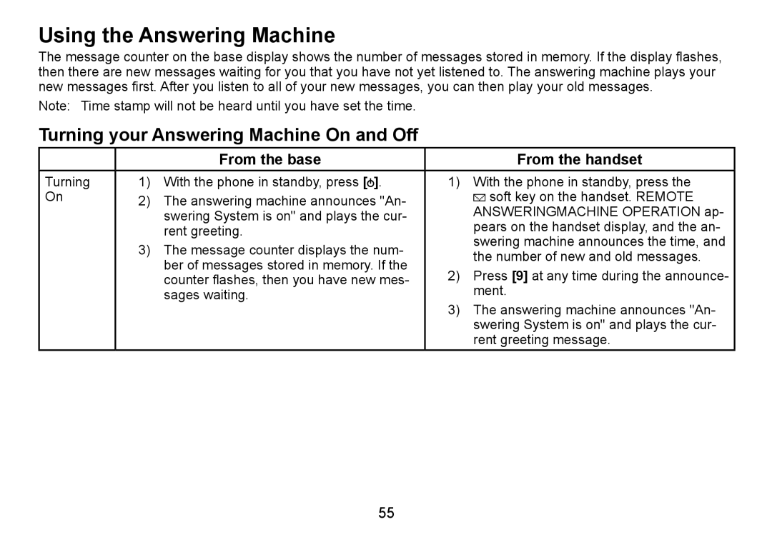 Uniden TRU9488 manual Using the Answering Machine, Turning your Answering Machine On and Off 