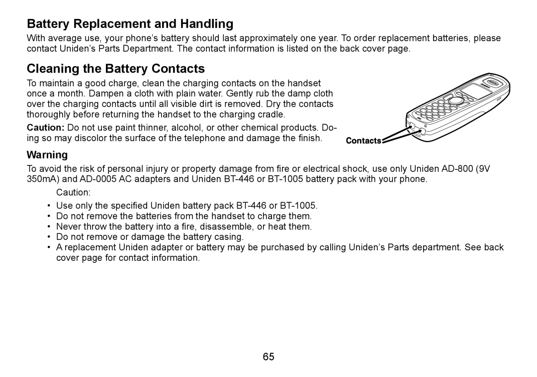 Uniden TRU9488 manual Battery Replacement and Handling, Cleaning the Battery Contacts 