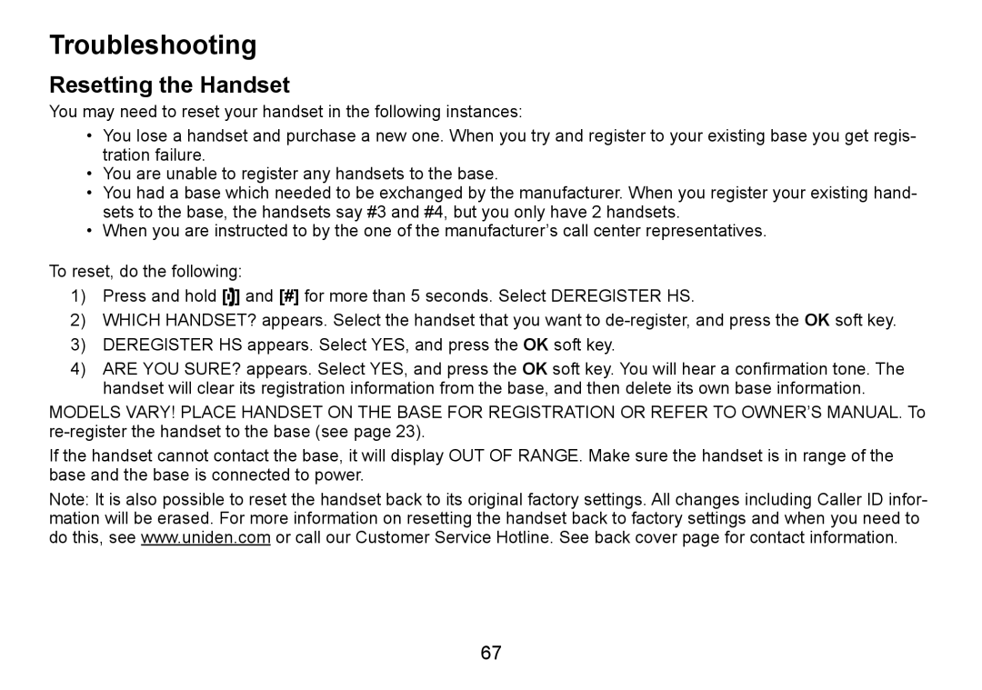 Uniden TRU9488 manual Troubleshooting, Resetting the Handset 