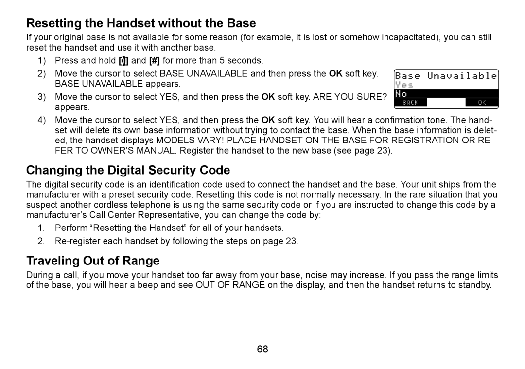 Uniden TRU9488 manual Resetting the Handset without the Base, Changing the Digital Security Code, Traveling Out of Range 