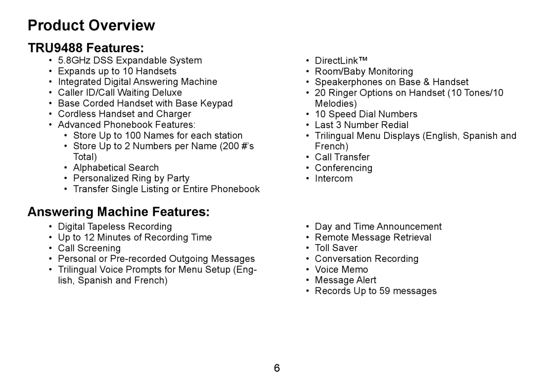 Uniden manual Product Overview, TRU9488 Features, Answering Machine Features 