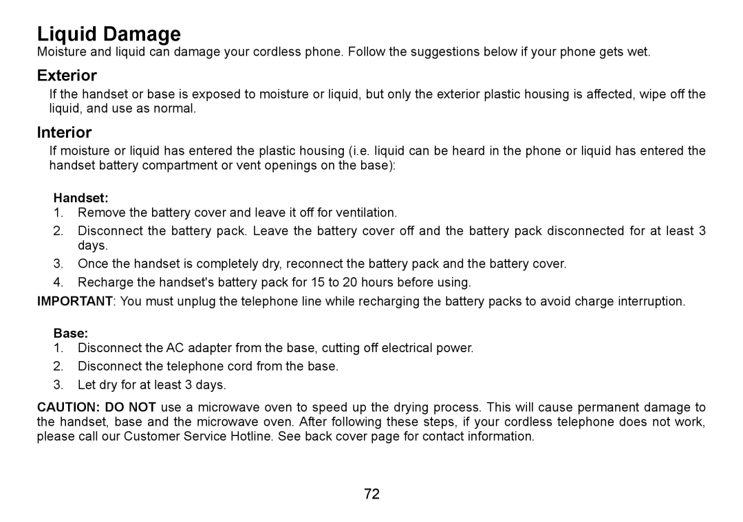 Uniden TRU9488 manual Liquid Damage, Base 