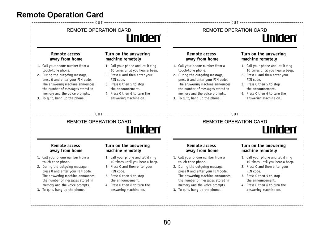 Uniden TRU9488 manual Remote Operation Card, Remote access away from home 