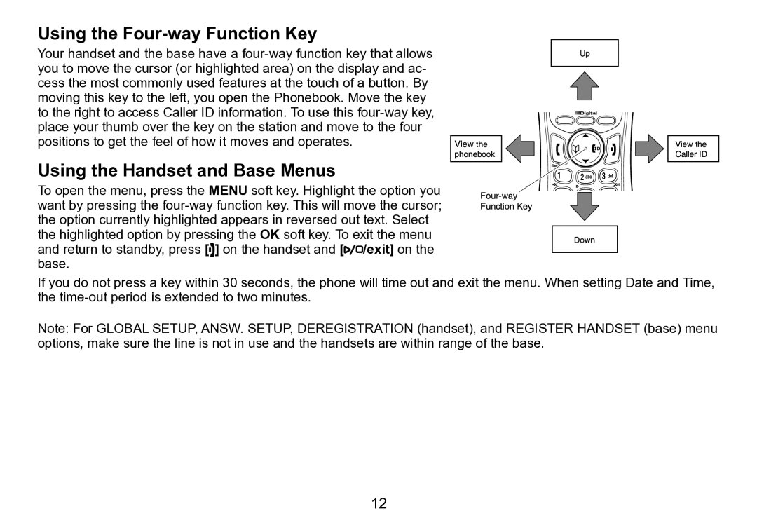 Uniden TRU9496 manual Using the Four-way Function Key, Using the Handset and Base Menus 