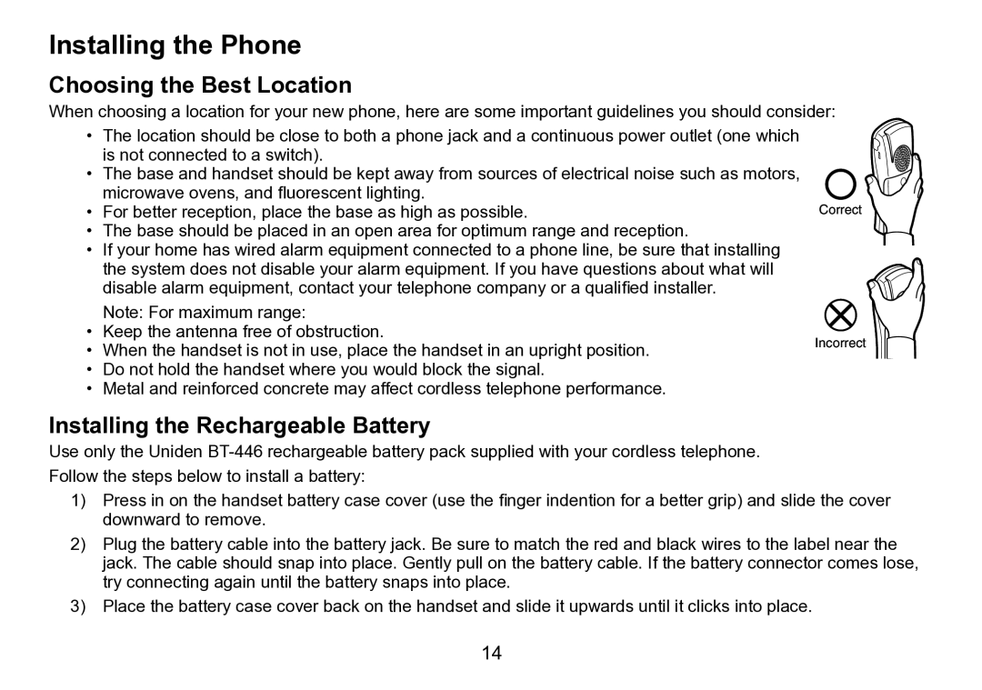 Uniden TRU9496 manual Installing the Phone, Choosing the Best Location, Installing the Rechargeable Battery 