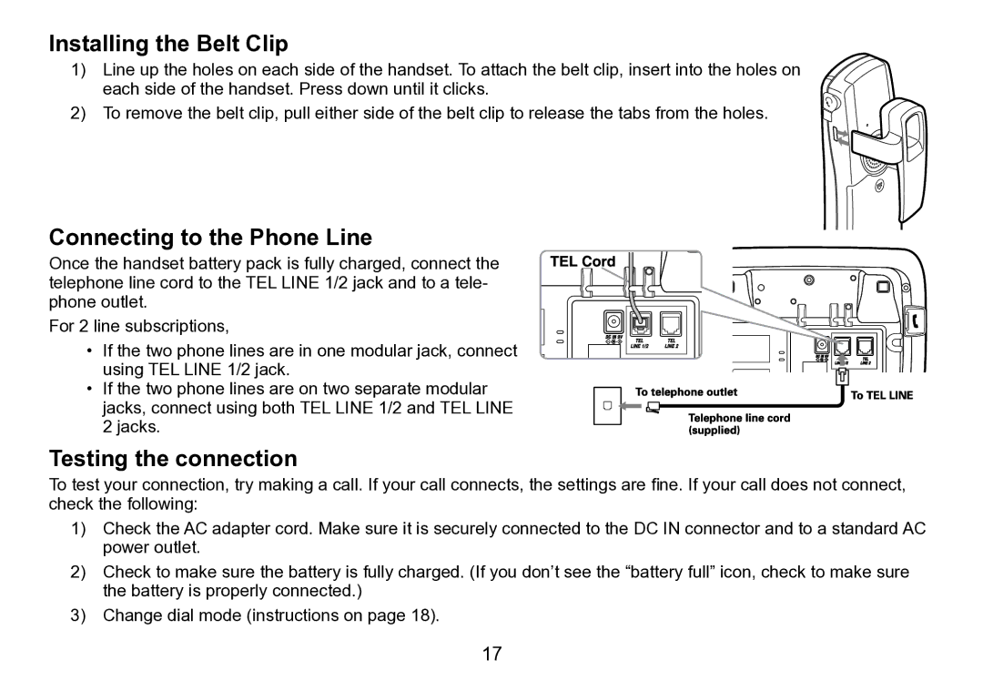 Uniden TRU9496 manual Installing the Belt Clip, Connecting to the Phone Line, Testing the connection 