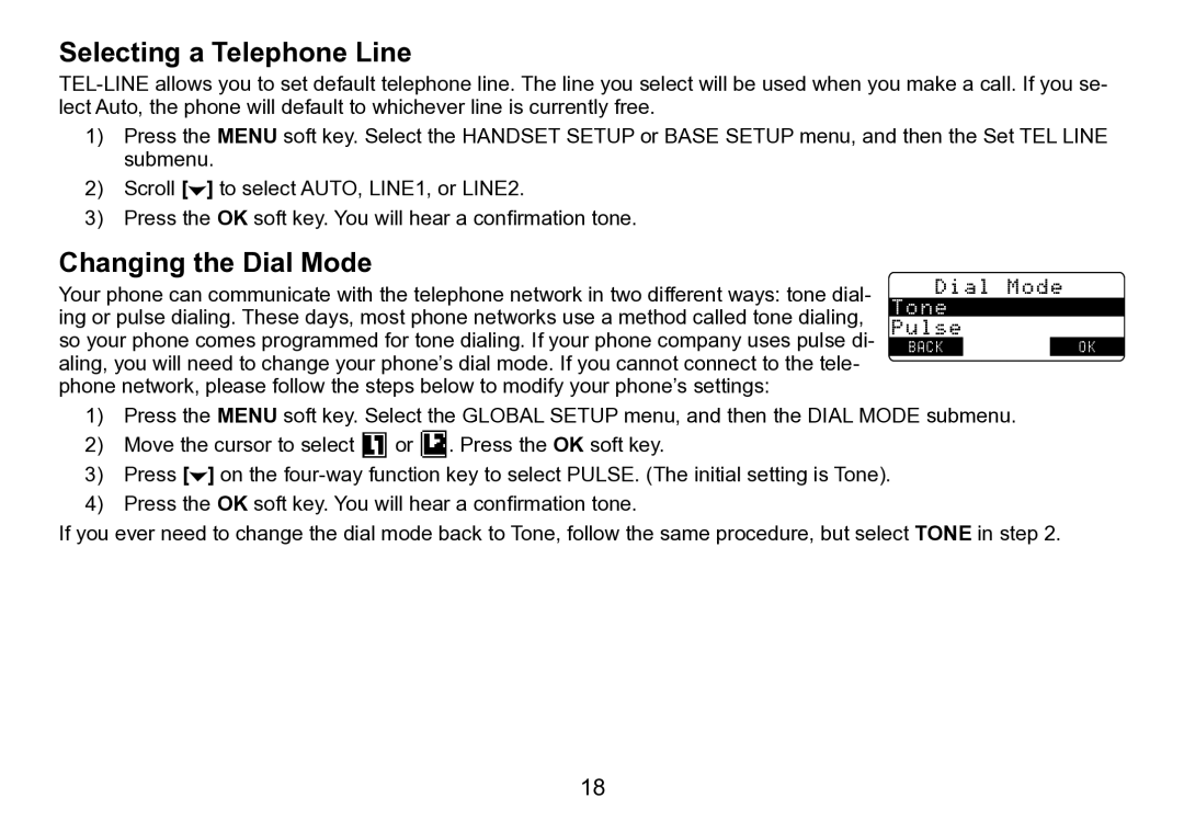 Uniden TRU9496 manual Selecting a Telephone Line, Changing the Dial Mode 